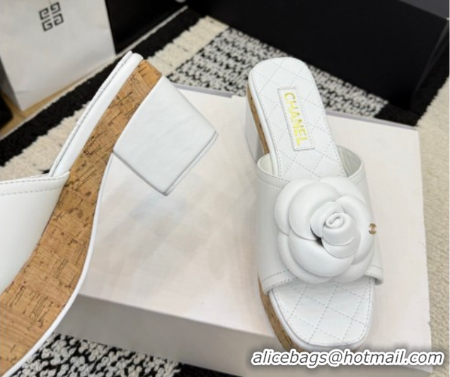 Grade Quality Chanel Calfskin Leather Heel Slides Sandal with Camellia CH030616 White 2026