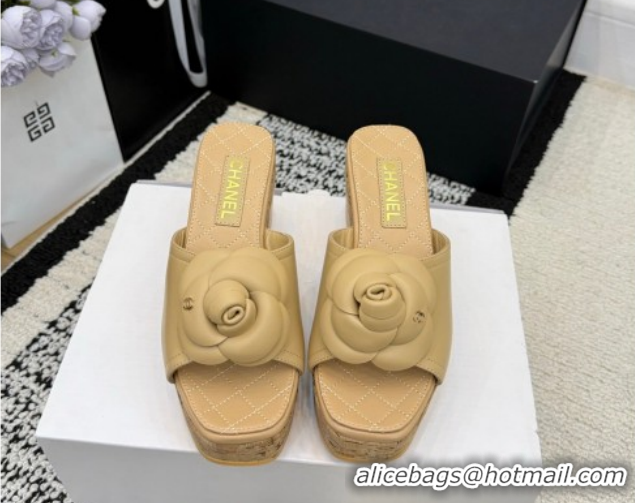 Low Cost Chanel Calfskin Leather Heel Slides Sandal with Camellia CH030616 Beige 2026