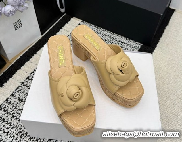 Low Cost Chanel Calfskin Leather Heel Slides Sandal with Camellia CH030616 Beige 2026