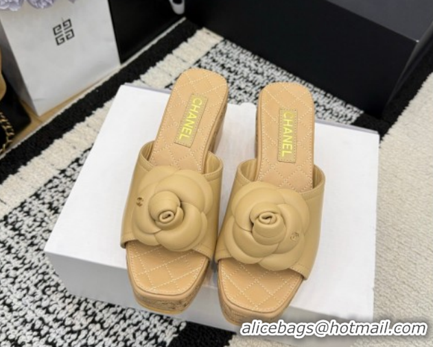 Low Cost Chanel Calfskin Leather Heel Slides Sandal with Camellia CH030616 Beige 2026