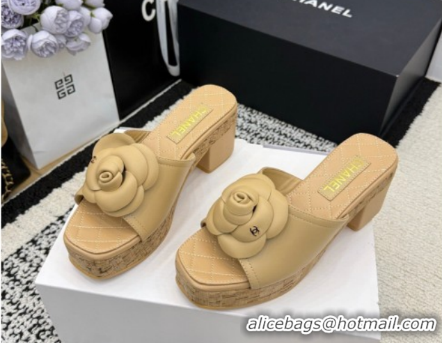 Low Cost Chanel Calfskin Leather Heel Slides Sandal with Camellia CH030616 Beige 2026