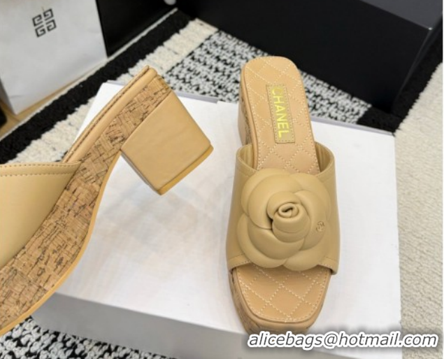 Low Cost Chanel Calfskin Leather Heel Slides Sandal with Camellia CH030616 Beige 2026