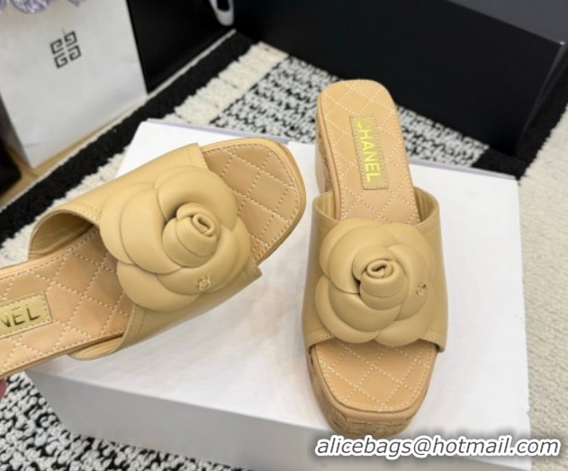 Low Cost Chanel Calfskin Leather Heel Slides Sandal with Camellia CH030616 Beige 2026