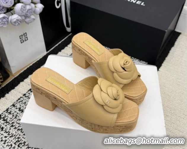 Low Cost Chanel Calfskin Leather Heel Slides Sandal with Camellia CH030616 Beige 2026