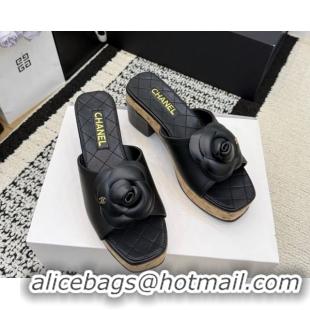 Most Popular Chanel Calfskin Leather Heel Slides Sandal with Camellia CH030616 Black 2026
