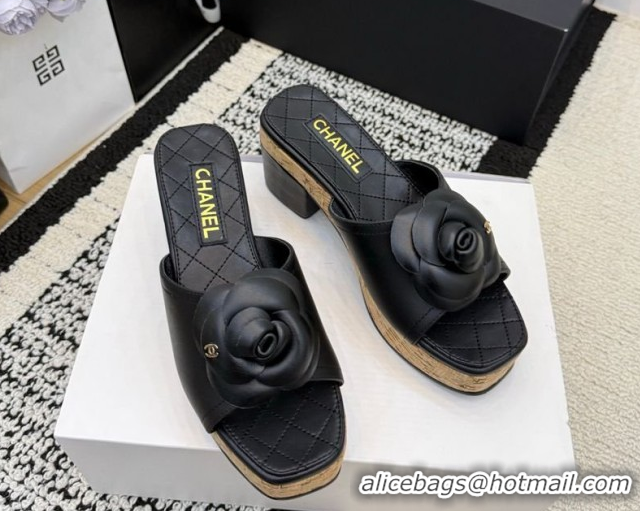 Most Popular Chanel Calfskin Leather Heel Slides Sandal with Camellia CH030616 Black 2026