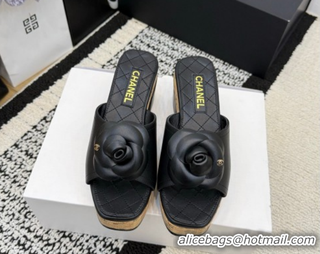 Most Popular Chanel Calfskin Leather Heel Slides Sandal with Camellia CH030616 Black 2026