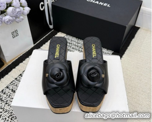 Most Popular Chanel Calfskin Leather Heel Slides Sandal with Camellia CH030616 Black 2026