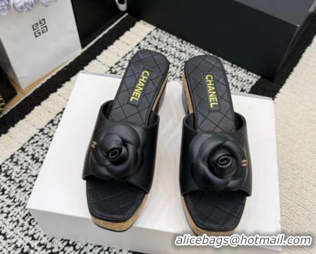 Most Popular Chanel Calfskin Leather Heel Slides Sandal with Camellia CH030616 Black 2026