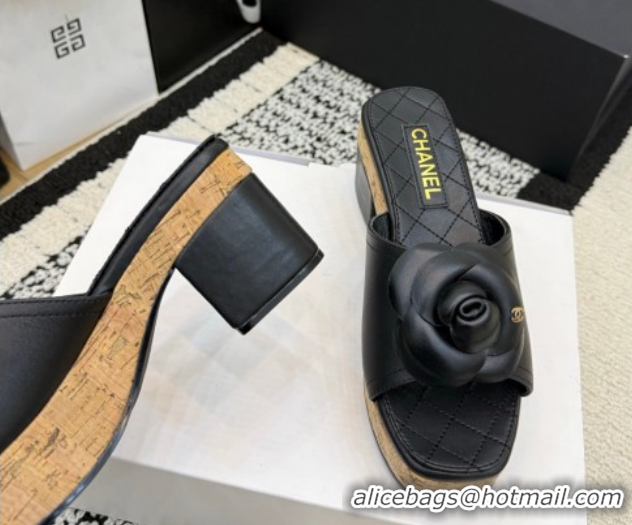 Most Popular Chanel Calfskin Leather Heel Slides Sandal with Camellia CH030616 Black 2026