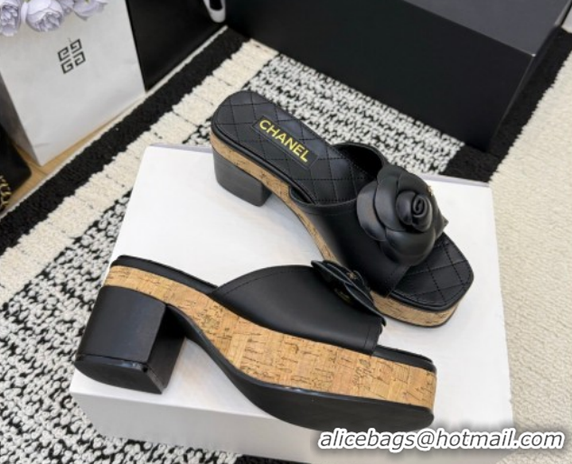 Most Popular Chanel Calfskin Leather Heel Slides Sandal with Camellia CH030616 Black 2026