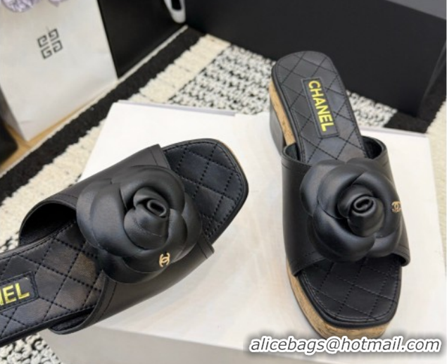 Most Popular Chanel Calfskin Leather Heel Slides Sandal with Camellia CH030616 Black 2026