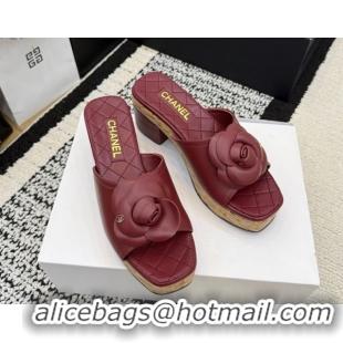Best Price Chanel Calfskin Leather Heel Slides Sandal with Camellia CH030616 Burgundy 2026