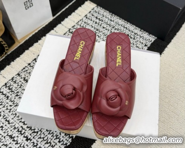 Best Price Chanel Calfskin Leather Heel Slides Sandal with Camellia CH030616 Burgundy 2026
