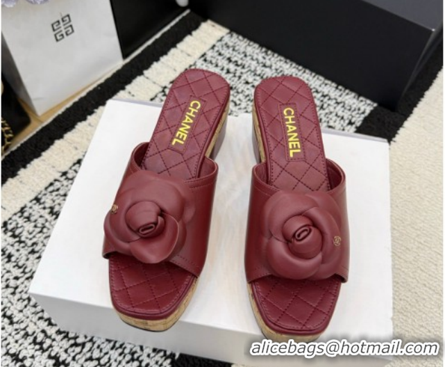 Best Price Chanel Calfskin Leather Heel Slides Sandal with Camellia CH030616 Burgundy 2026