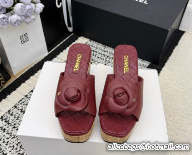 Best Price Chanel Calfskin Leather Heel Slides Sandal with Camellia CH030616 Burgundy 2026