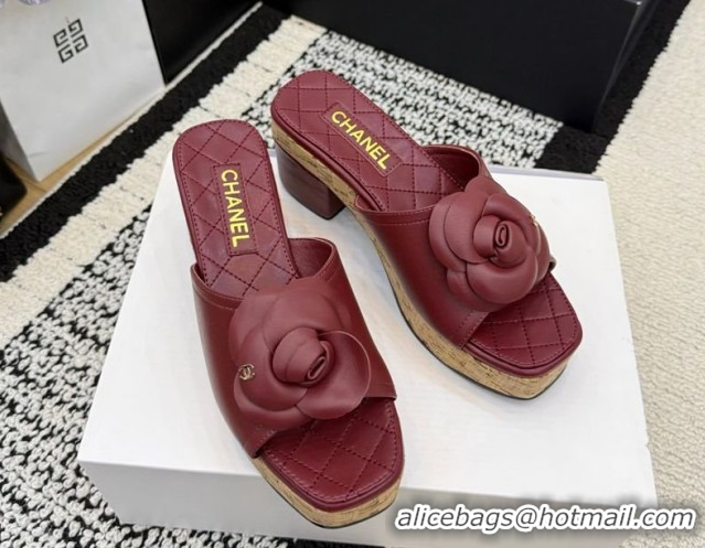 Best Price Chanel Calfskin Leather Heel Slides Sandal with Camellia CH030616 Burgundy 2026
