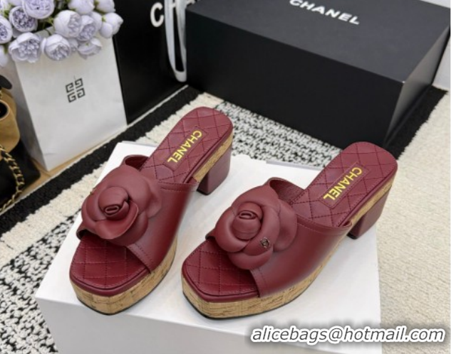 Best Price Chanel Calfskin Leather Heel Slides Sandal with Camellia CH030616 Burgundy 2026