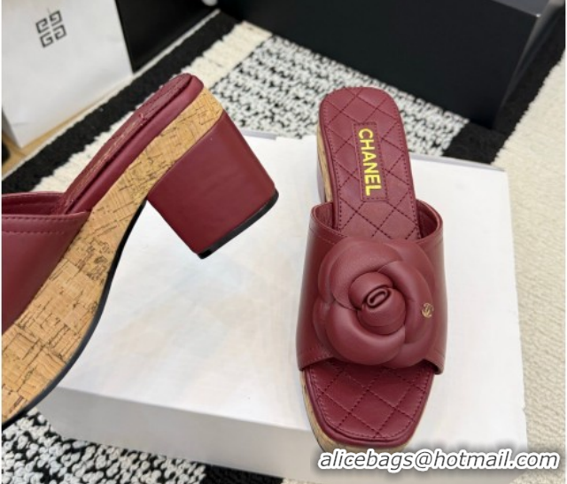 Best Price Chanel Calfskin Leather Heel Slides Sandal with Camellia CH030616 Burgundy 2026