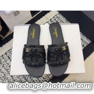 Popular Style Chanel Bloom Straw-Like Flat Slides Sandal CH030701 Black 2026