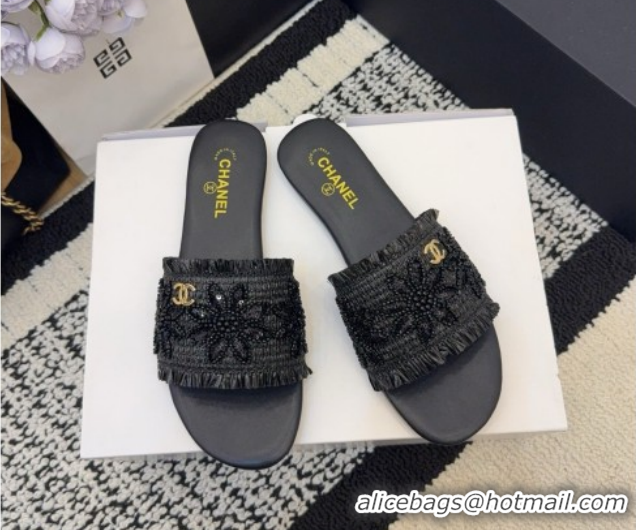 Popular Style Chanel Bloom Straw-Like Flat Slides Sandal CH030701 Black 2026