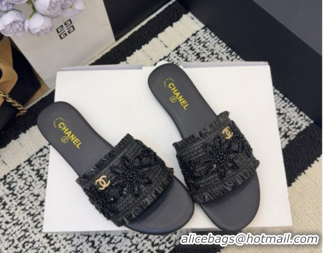 Popular Style Chanel Bloom Straw-Like Flat Slides Sandal CH030701 Black 2026