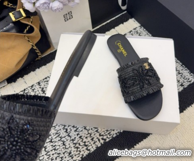 Popular Style Chanel Bloom Straw-Like Flat Slides Sandal CH030701 Black 2026