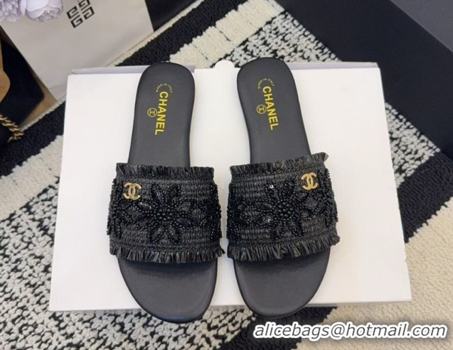 Popular Style Chanel Bloom Straw-Like Flat Slides Sandal CH030701 Black 2026