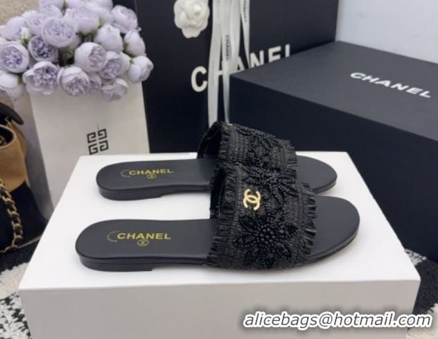 Popular Style Chanel Bloom Straw-Like Flat Slides Sandal CH030701 Black 2026