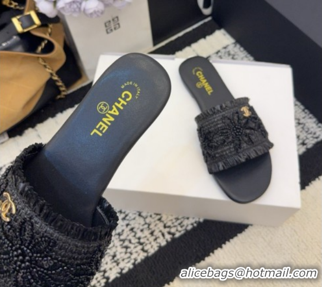 Popular Style Chanel Bloom Straw-Like Flat Slides Sandal CH030701 Black 2026