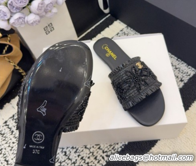 Popular Style Chanel Bloom Straw-Like Flat Slides Sandal CH030701 Black 2026