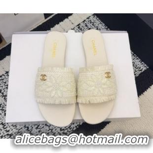 Top Design Chanel Bloom Straw-Like Flat Slides Sandal CH030701 White 2026