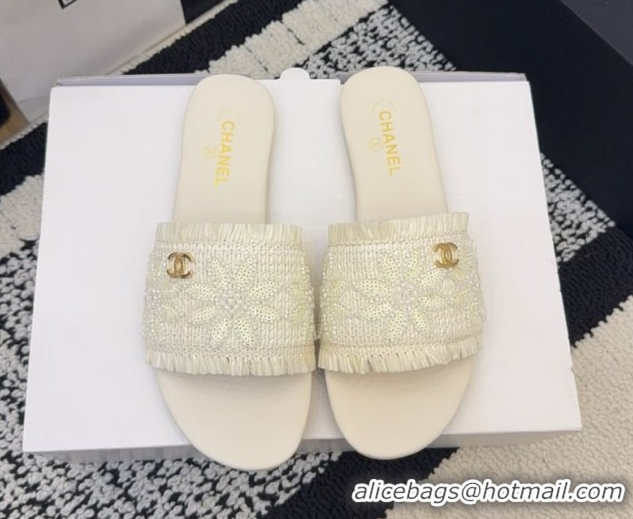 Top Design Chanel Bloom Straw-Like Flat Slides Sandal CH030701 White 2026