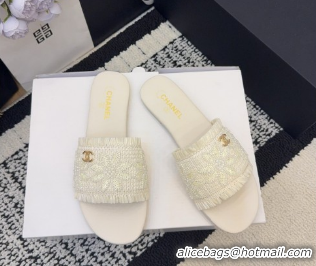 Top Design Chanel Bloom Straw-Like Flat Slides Sandal CH030701 White 2026