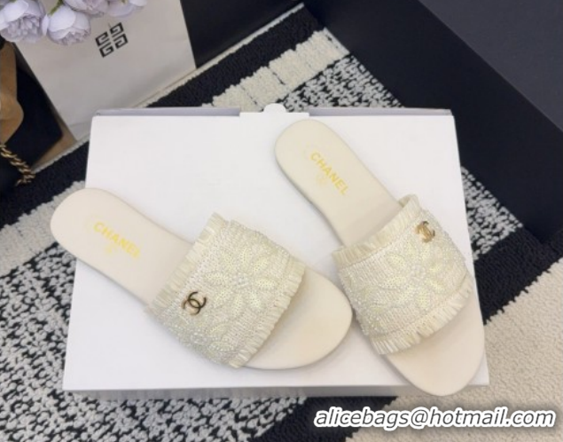 Top Design Chanel Bloom Straw-Like Flat Slides Sandal CH030701 White 2026