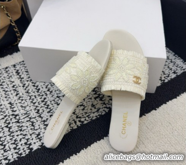 Top Design Chanel Bloom Straw-Like Flat Slides Sandal CH030701 White 2026
