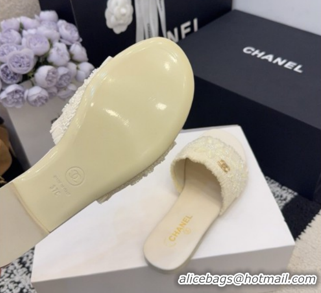 Top Design Chanel Bloom Straw-Like Flat Slides Sandal CH030701 White 2026
