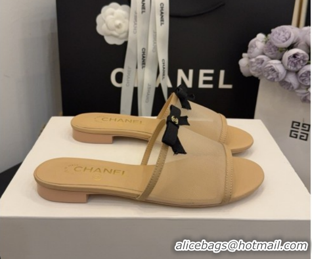 Cheap Price Chanel Mesh Flat Slides Sandal wih Bow G47023 Beige 2026