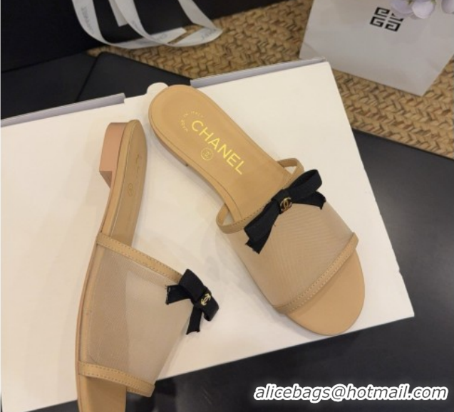 Cheap Price Chanel Mesh Flat Slides Sandal wih Bow G47023 Beige 2026