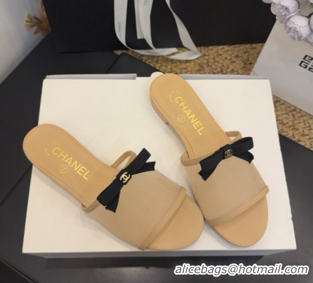 Cheap Price Chanel Mesh Flat Slides Sandal wih Bow G47023 Beige 2026