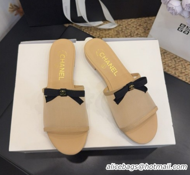 Cheap Price Chanel Mesh Flat Slides Sandal wih Bow G47023 Beige 2026