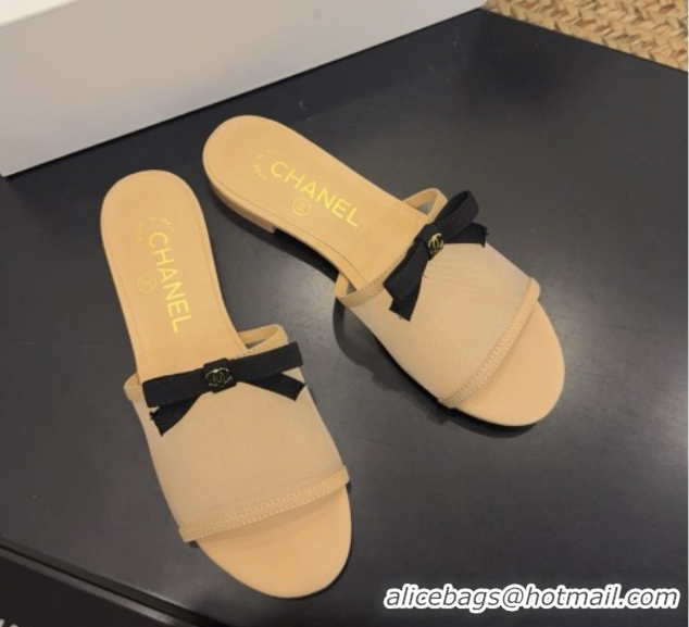 Cheap Price Chanel Mesh Flat Slides Sandal wih Bow G47023 Beige 2026