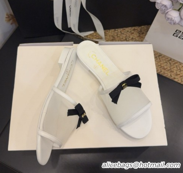 Shop Duplicate Chanel Mesh Flat Slides Sandal wih Bow G47023 White 2026