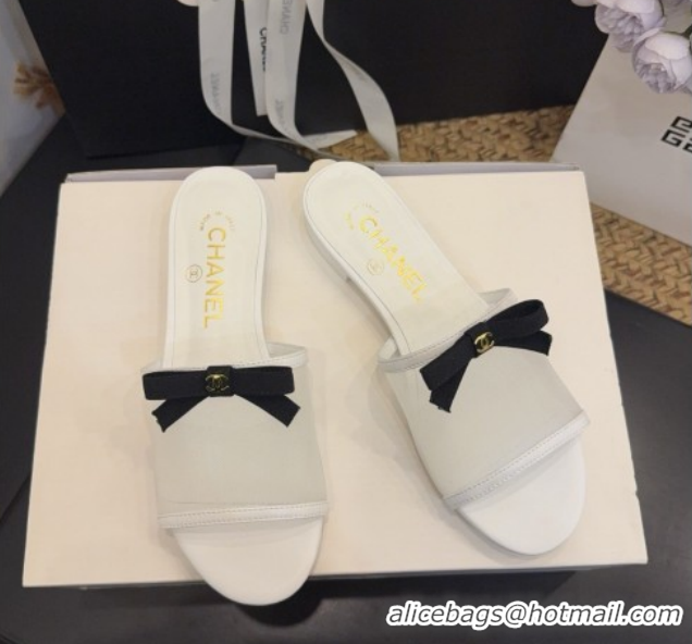 Shop Duplicate Chanel Mesh Flat Slides Sandal wih Bow G47023 White 2026