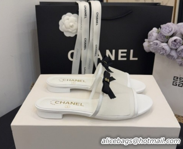 Shop Duplicate Chanel Mesh Flat Slides Sandal wih Bow G47023 White 2026