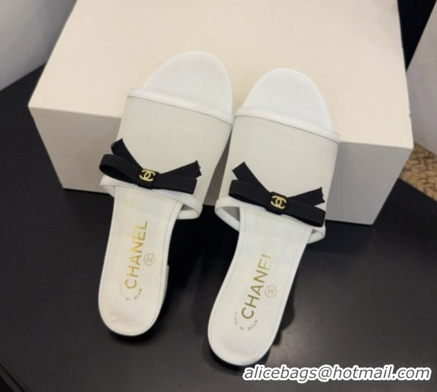 Shop Duplicate Chanel Mesh Flat Slides Sandal wih Bow G47023 White 2026
