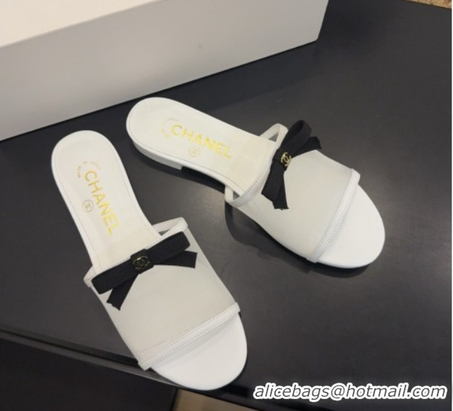 Shop Duplicate Chanel Mesh Flat Slides Sandal wih Bow G47023 White 2026