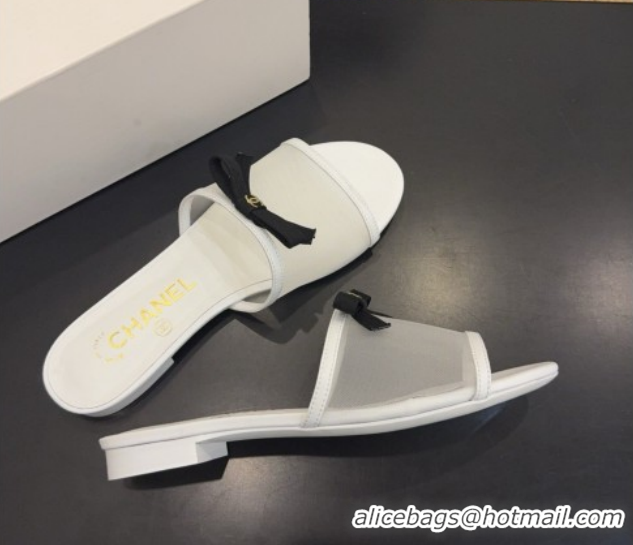 Shop Duplicate Chanel Mesh Flat Slides Sandal wih Bow G47023 White 2026