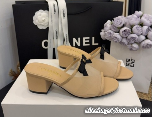 Big Discount Chanel Mesh Heel Slides Sandal wih Bow G47023 Beige 2026