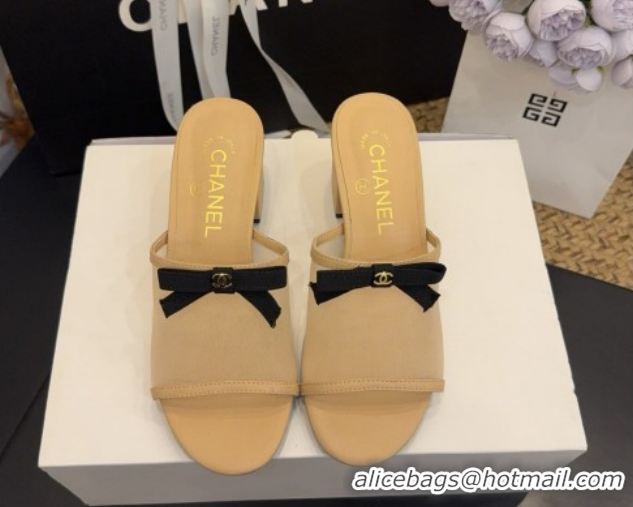 Big Discount Chanel Mesh Heel Slides Sandal wih Bow G47023 Beige 2026
